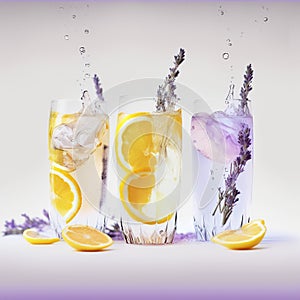 Splash of three glasses lavender lemonade with lemon on purple background