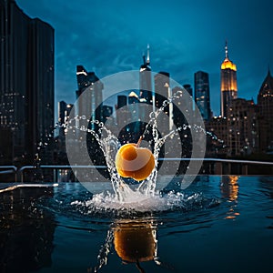 splash water Apricot caught mid-air with droplets glittering placed against a backdrop of a bustling metropolis cityscape at s photo