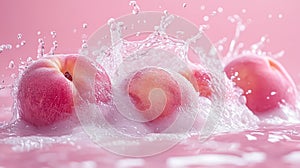 Splash of water is falling on a bunch of peaches