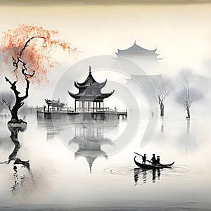 splash watercolor arts of a light mist envelops the Slender West Lake in Yangzhou, East China\'s Jiangsu province.