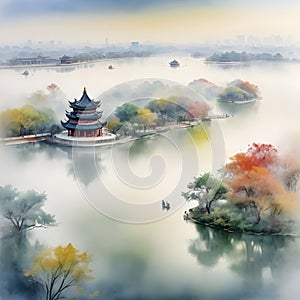 splash watercolor arts of a light mist envelops the Slender West Lake in Yangzhou, East China\'s Jiangsu province.