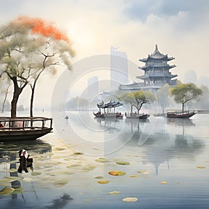 splash watercolor arts of a light mist envelops the Slender West Lake in Yangzhou, East China\'s Jiangsu province.