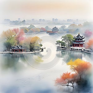 splash watercolor arts of a light mist envelops the Slender West Lake in Yangzhou, East China\'s Jiangsu province.