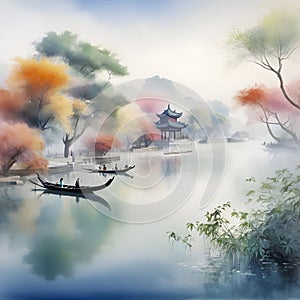 splash watercolor arts of a light mist envelops the Slender West Lake in Yangzhou, East China\'s Jiangsu province.