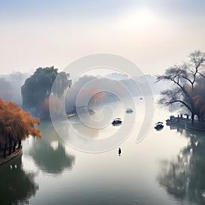 splash watercolor arts of a light mist envelops the Slender West Lake in Yangzhou, East China\'s Jiangsu province.