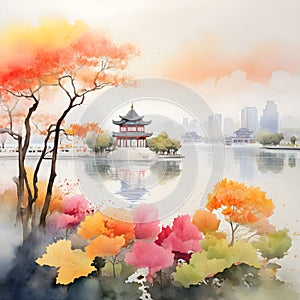 splash watercolor arts of a light mist envelops the Slender West Lake in Yangzhou, East China\'s Jiangsu province.