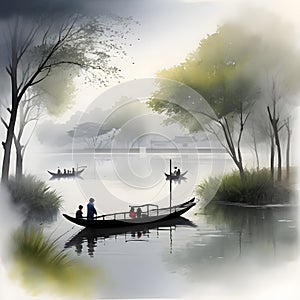 splash watercolor arts of a light mist envelops the Slender West Lake in Yangzhou, East China\'s Jiangsu province.
