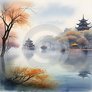 splash watercolor arts of a light mist envelops the Slender West Lake in Yangzhou, East China\'s Jiangsu province.