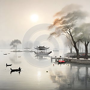 splash watercolor arts of a light mist envelops the Slender West Lake in Yangzhou, East China\'s Jiangsu province.