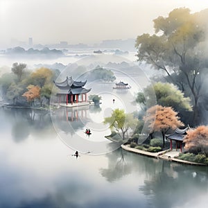 splash watercolor arts of a light mist envelops the Slender West Lake in Yangzhou, East China\'s Jiangsu province.