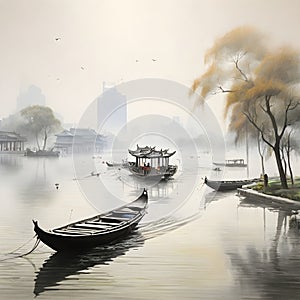 splash watercolor arts of a light mist envelops the Slender West Lake in Yangzhou, East China\'s Jiangsu province.