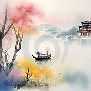 splash watercolor arts of a light mist envelops the Slender West Lake in Yangzhou, East China\'s Jiangsu province.