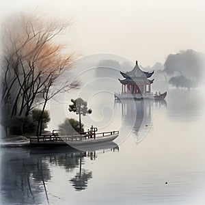 splash watercolor arts of a light mist envelops the Slender West Lake in Yangzhou, East China\'s Jiangsu province.