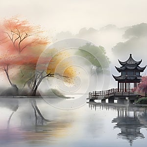 splash watercolor arts of a light mist envelops the Slender West Lake in Yangzhou, East China\'s Jiangsu province.