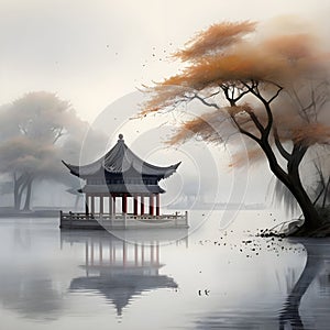 splash watercolor arts of a light mist envelops the Slender West Lake in Yangzhou, East China\'s Jiangsu province.