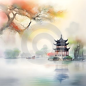 splash watercolor arts of a light mist envelops the Slender West Lake in Yangzhou, East China\'s Jiangsu province.