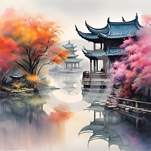 splash watercolor arts of a light mist envelops the Slender West Lake in Yangzhou, East China\'s Jiangsu province.