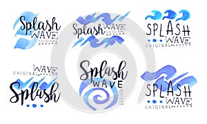 Splash Wave Labels Collection, Blue Badges with Water Splashes Vector Illustration