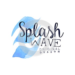 Splash wave logo, aqua blue label original design, abstract water badge watercolor vector Illustration