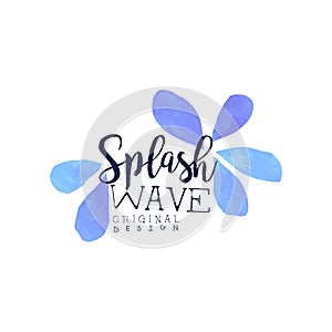 Splash wave logo design, aqua blue label, abstract water badge watercolor vector Illustration