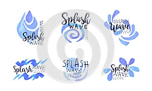 Splash Wave Logo Set, Nature, Eco, Ocean, Sea, Swimming Pool Labels, Abstract Logo for Business Design Hand Drawn Vector