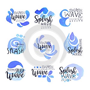 Splash wave logo template set, hand drawn vector Illustrations in blue colors