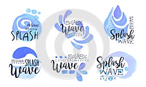Splash Wave Original Design Labels Collection, Watercolor Badges with Blue Water Splashes Vector Illustration