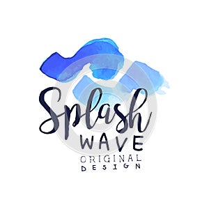 Splash wave original design logo template, aqua blue label, abstract water badge watercolor vector Illustration