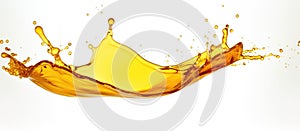 A splash of yellow liquid on white background, an art of fluid ingredients