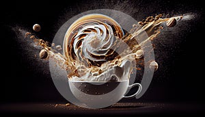 Splashed Cappuccino Cup on Foody Themed Background Generative AI