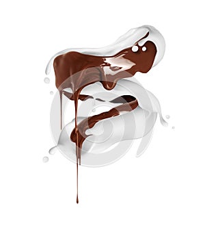 Splashes of chocolate and milk in a swirling shape isolated on white background