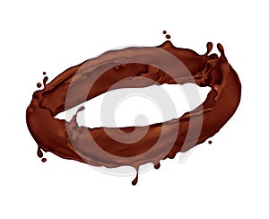 Splashes of chocolate rotate in a circular motion on white