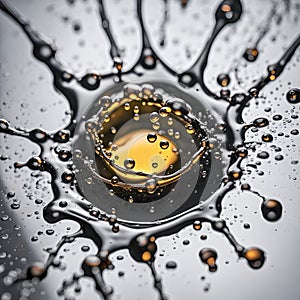 Splashes on a dark oil surface close up