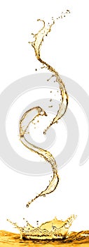 Splashes of golden oily liquid on white background. Vertical banner design