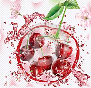 Splashes of juice on the background of cherry silhouette
