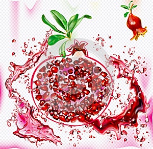 Splashes of juice on the background of pomegranate silhouette