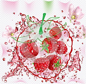 Splashes of juice on the background of raspberry silhouette