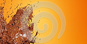 Splashes of liquid chocolate, 3d render. Chocolate splash and drops, on an orange background