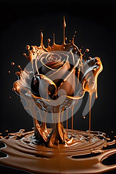 Splashes of liquid chocolate forming the shape of a rose.