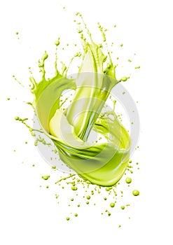 splashes of matcha tea hung in the air, fresh healthy bright green drink, isolated element