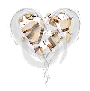 Splashes of milk in the shape of heart with broken waffles on white background