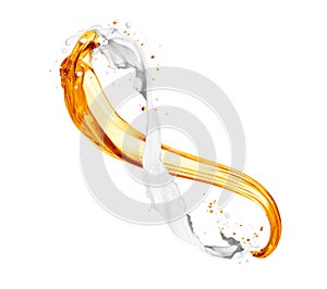 Splashes of oily liquid with milk splash on white background