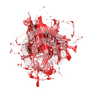 Splashes of red paint are isolated by a white background. 3d image, 3d rendering
