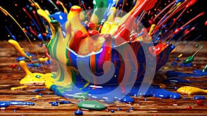 Splashes of rainbow paint, ink with drops. Liquid multi colored paint falls, spills and splashes. Dynamic colorful