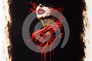 Splashes Red and Gold Color Paint Across The Shape of a Female Lips on Moody Backdrop Generative AI Technology