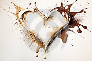 Splashes of white and milk dark chocolate in the shape of a love heart view from above on white background. Generative ai