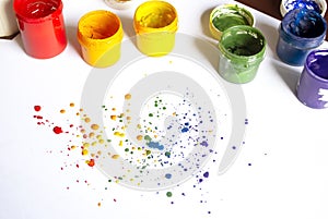 Splashes on white paper next to jars of acrylic paint. Multi-colored paint spots on a white background. Next to the