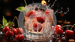 A Splashing Cherry In A Small Glass of Sherry Liqueur Slow Motion Effect Blurry Background