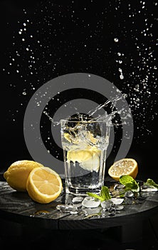 Splashing lemonade with fresh lemons on black