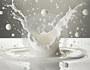 Splashing milk and bubbles on gray background